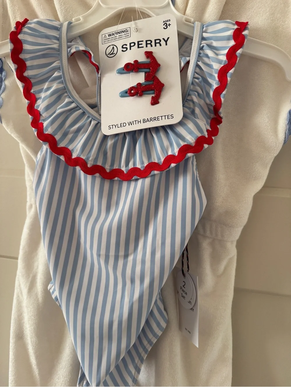 NWT Sperry Kids Striped Ruffle Swimsuit with Red Trim coverup bow size 6
